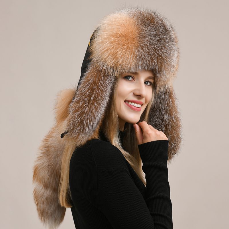 Embroidered Luxury Real Fox Fur Trapper Hat Unisex Ushanka with Detachable Long Tail