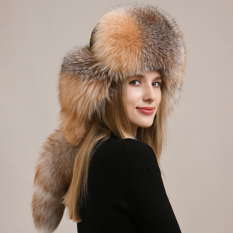Embroidered Luxury Real Fox Fur Trapper Hat Unisex Ushanka with Detachable Long Tail