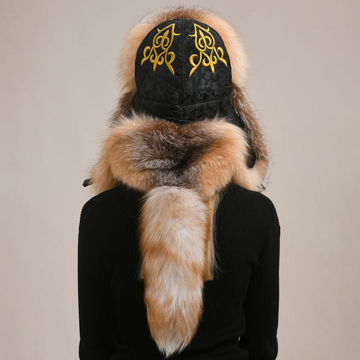 Embroidered Luxury Real Fox Fur Trapper Hat Unisex Ushanka with Detachable Long Tail