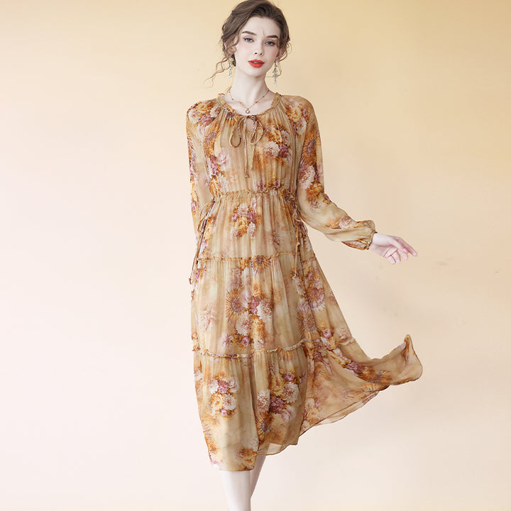 Orange Empire Waist Round Neck Long Sleeve Pure Mulberry Silk Dress SD085