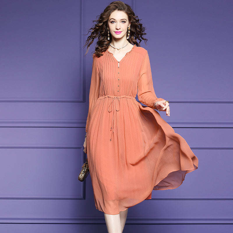 Orange Solid Color Tie Waist Pleated Long Sleeve Silk Dress SD098