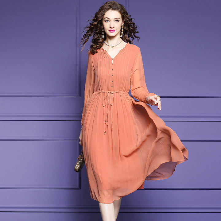 Orange Solid Color Tie Waist Pleated Long Sleeve Silk Dress SD098