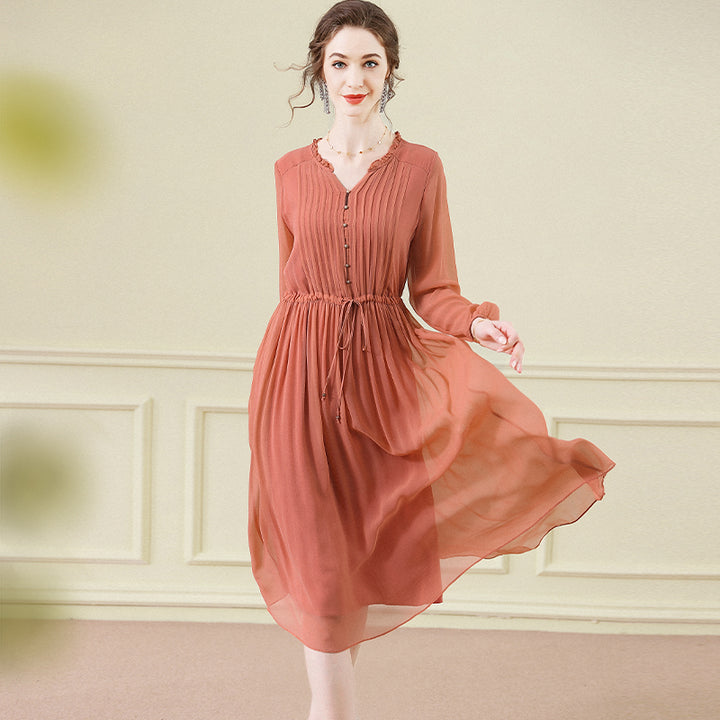 Orange Solid Color Tie Waist Pleated Long Sleeve Silk Dress SD098
