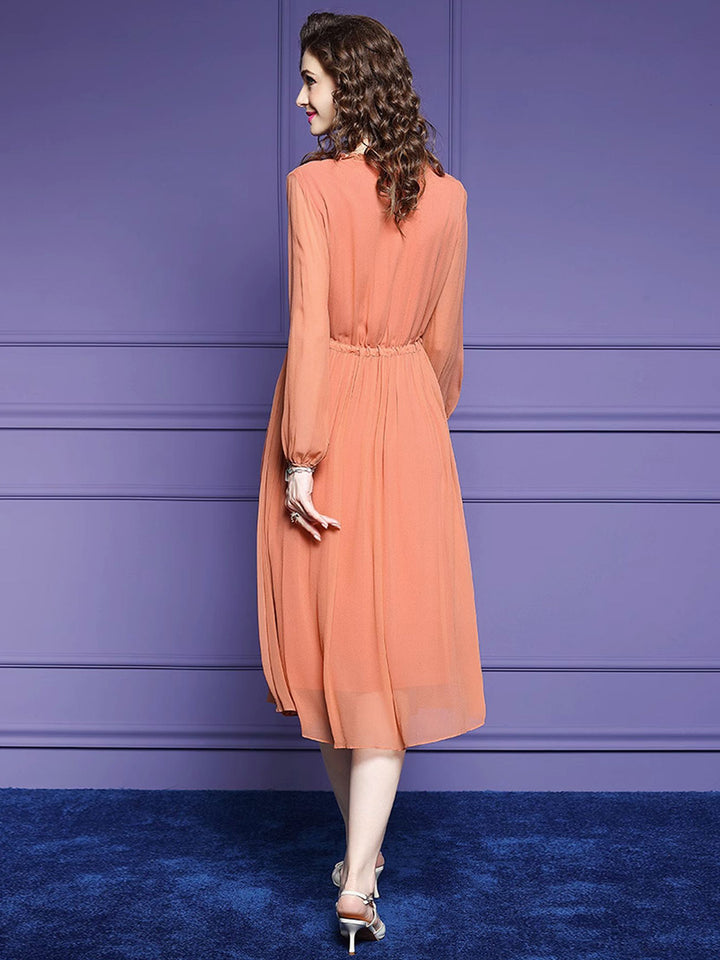 Orange Solid Color Tie Waist Pleated Long Sleeve Silk Dress SD098