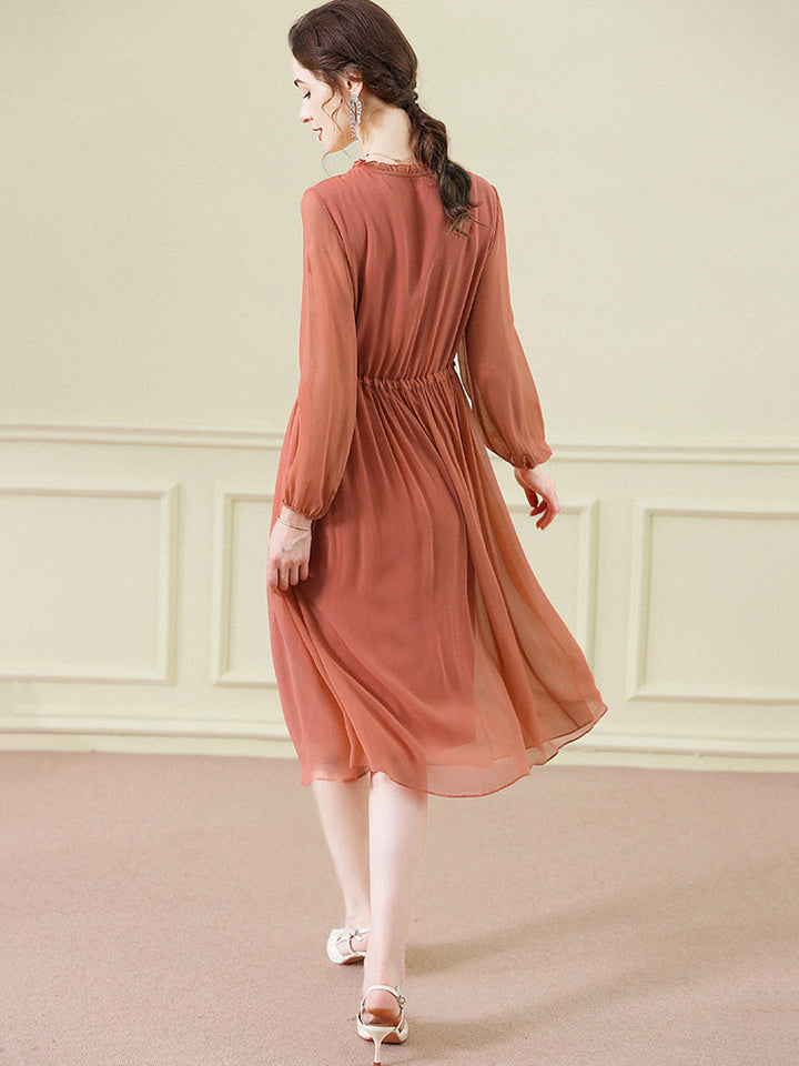 Orange Solid Color Tie Waist Pleated Long Sleeve Silk Dress SD098