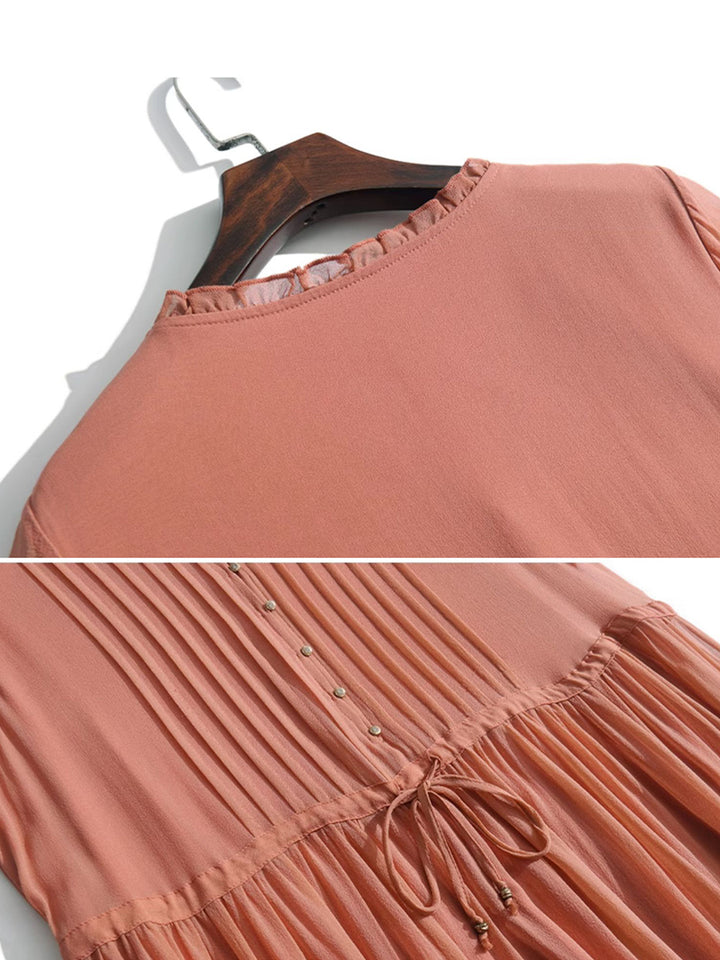 Orange Solid Color Tie Waist Pleated Long Sleeve Silk Dress SD098