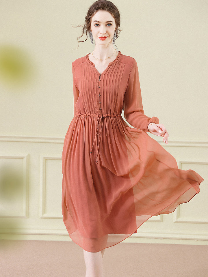 Orange Solid Color Tie Waist Pleated Long Sleeve Silk Dress SD098