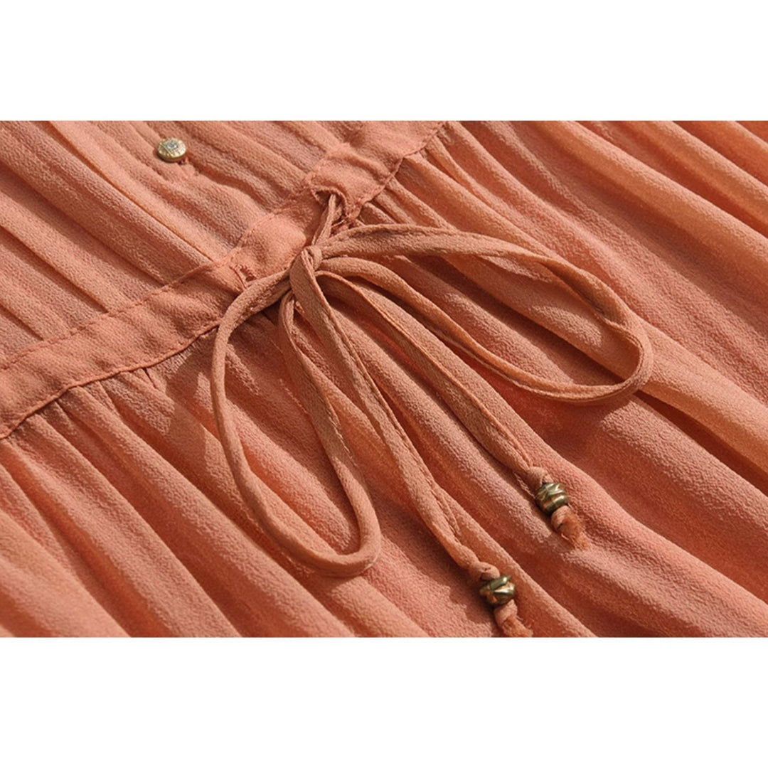 Orange Solid Color Tie Waist Pleated Long Sleeve Silk Dress SD098