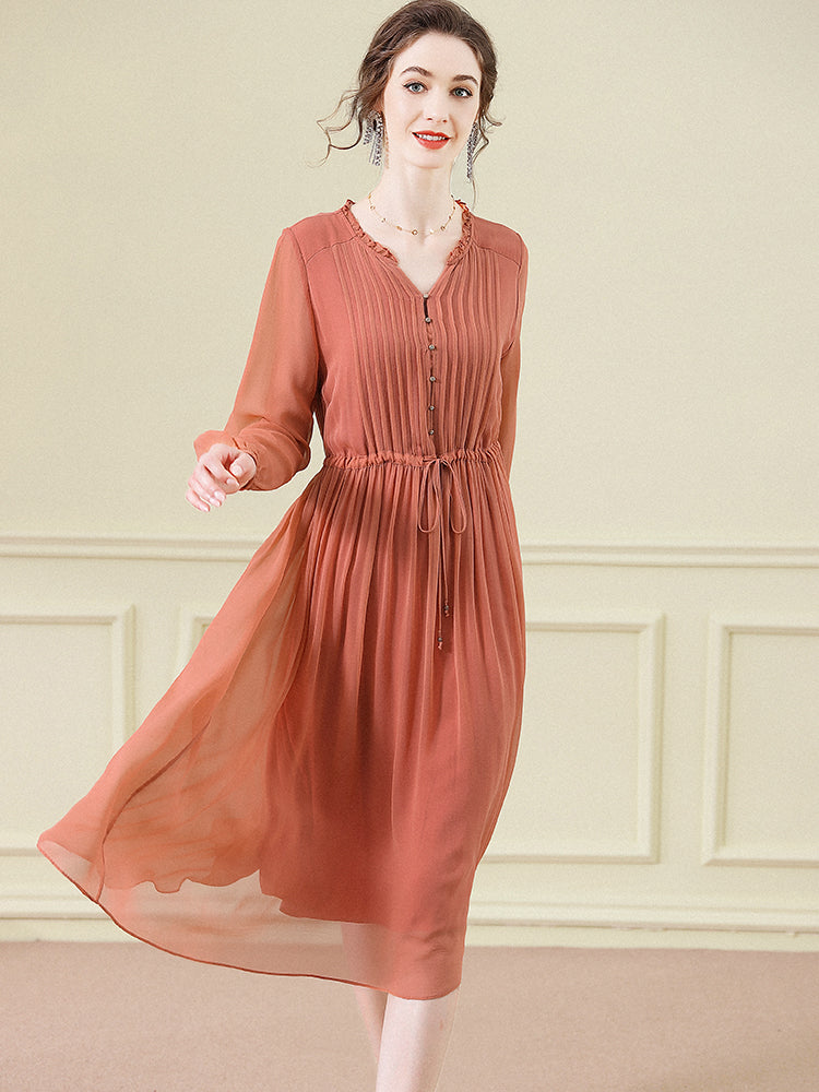 Orange Solid Color Tie Waist Pleated Long Sleeve Silk Dress SD098