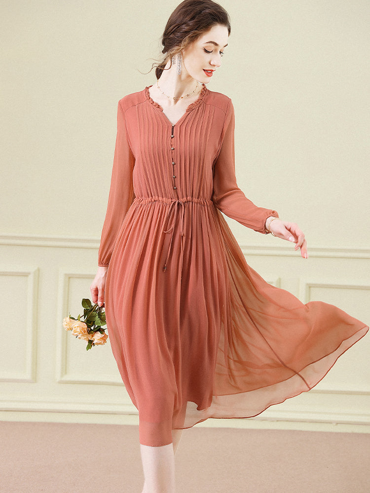 Orange Solid Color Tie Waist Pleated Long Sleeve Silk Dress SD098
