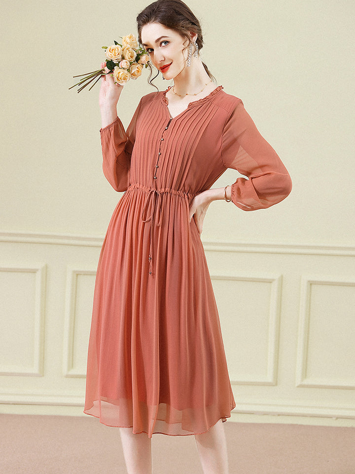 Orange Solid Color Tie Waist Pleated Long Sleeve Silk Dress SD098