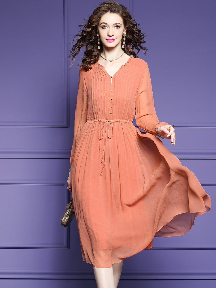 Orange Solid Color Tie Waist Pleated Long Sleeve Silk Dress SD098