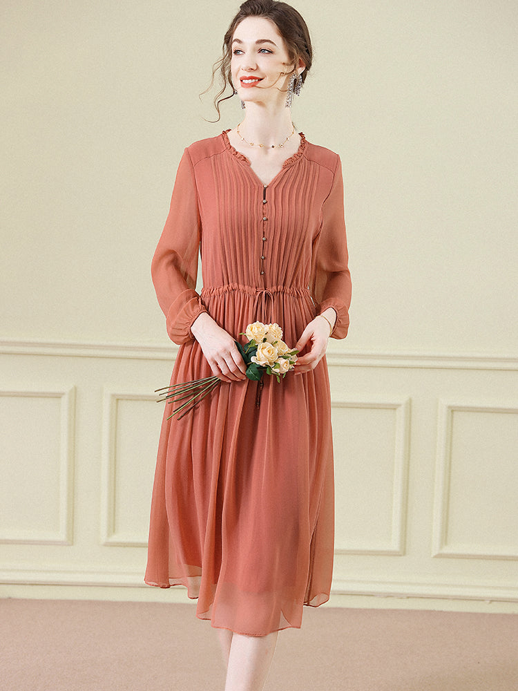 Orange Solid Color Tie Waist Pleated Long Sleeve Silk Dress SD098