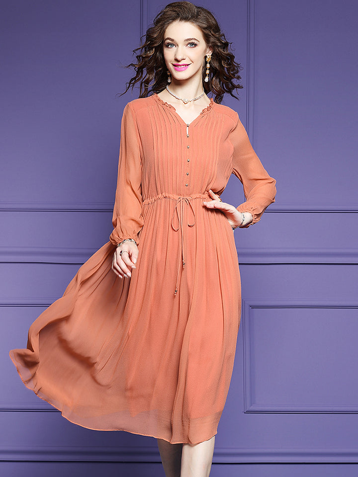 Orange Solid Color Tie Waist Pleated Long Sleeve Silk Dress SD098