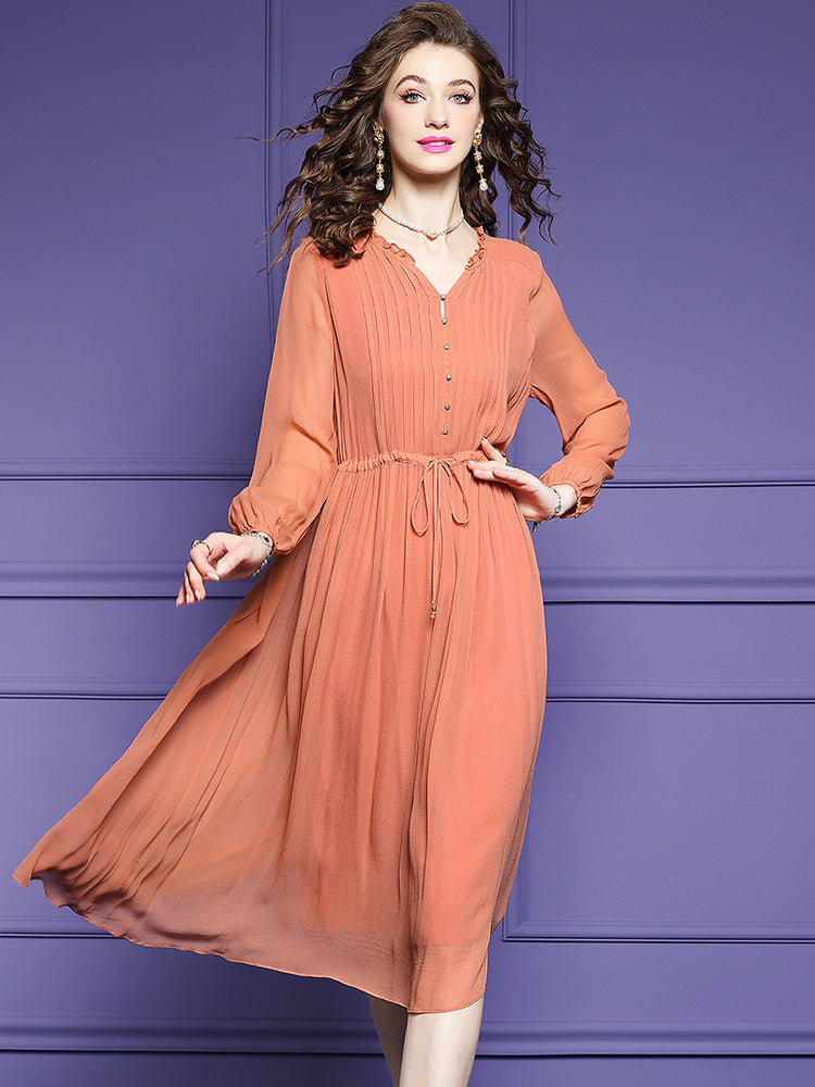 Orange Solid Color Tie Waist Pleated Long Sleeve Silk Dress SD098