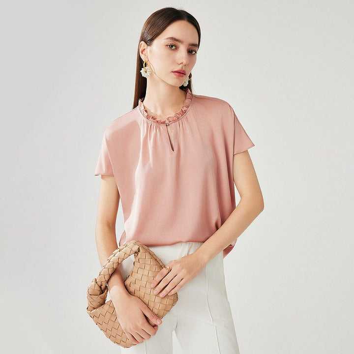 22 Momme Ruffled Stand Collar Women's Short Sleeve Mulberry Silk Shirt