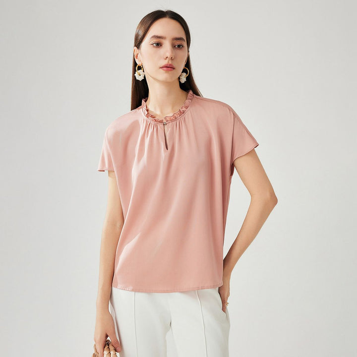22 Momme Ruffled Stand Collar Women's Short Sleeve Mulberry Silk Shirt