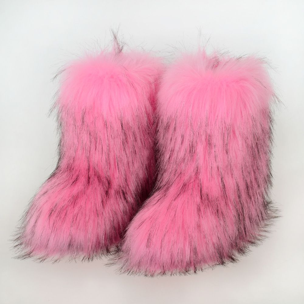 Faux Raccoon Fur Snow Boots for Women Winter Furry Cozy Slip-On Ankle Fur Boots