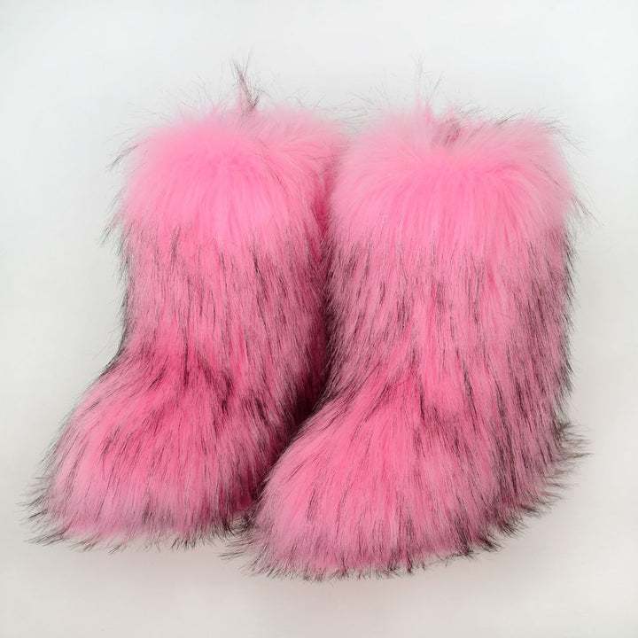 Faux Raccoon Fur Snow Boots for Women Winter Furry Cozy Slip-On Ankle Fur Boots