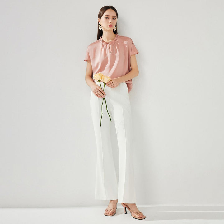 22 Momme Ruffled Stand Collar Women's Short Sleeve Mulberry Silk Shirt