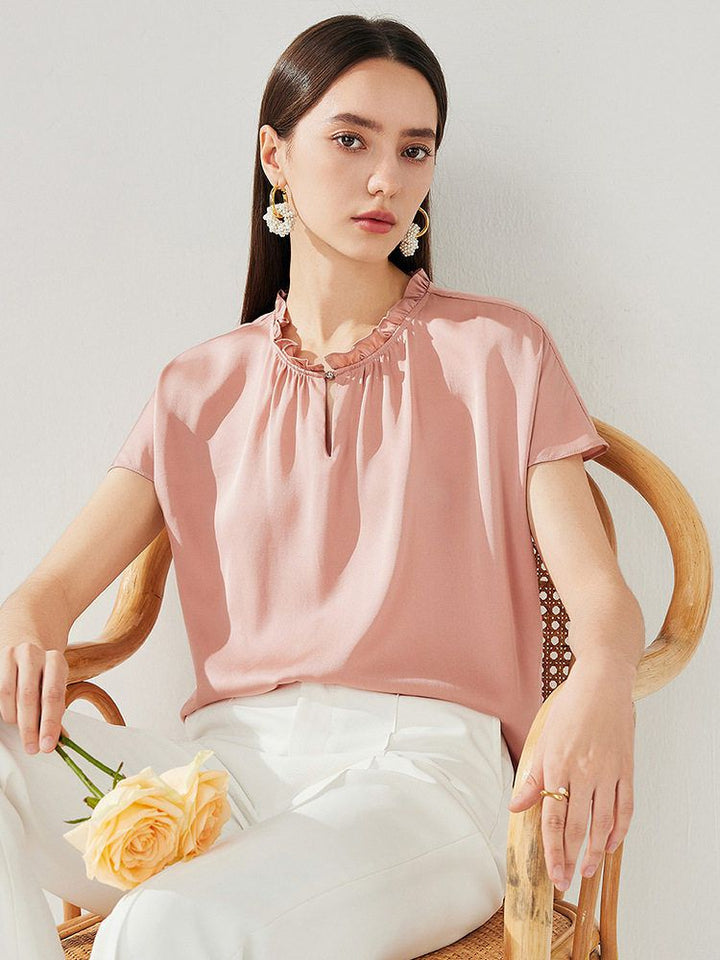 22 Momme Ruffled Stand Collar Women's Short Sleeve Mulberry Silk Shirt