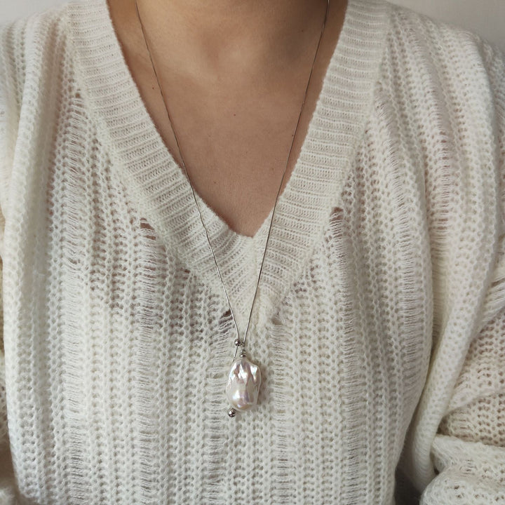 Natural Large Freshwater Baroque Pearl Pendant Sterling Silver Lariat Sweater Necklace