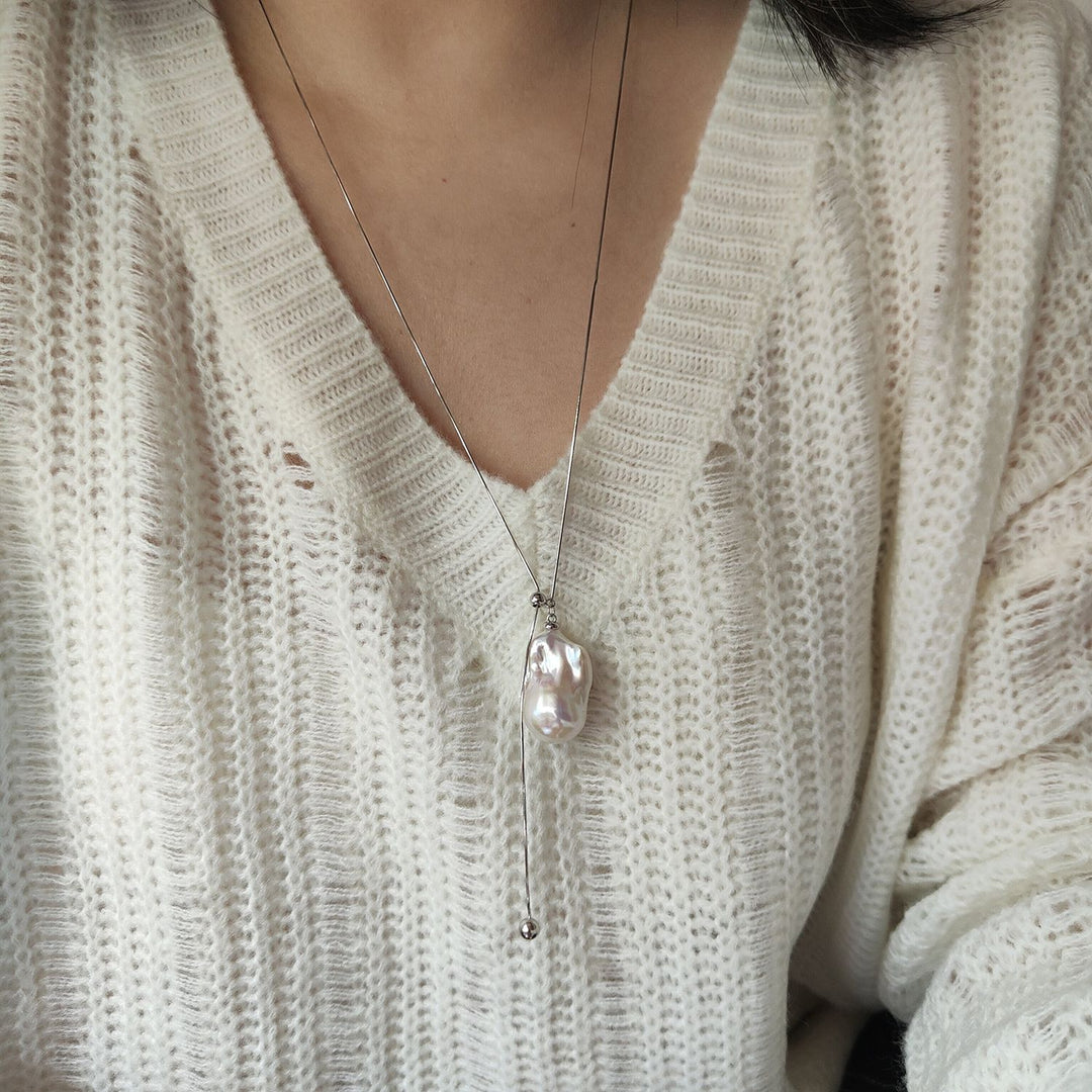 Natural Large Freshwater Baroque Pearl Pendant Sterling Silver Lariat Sweater Necklace