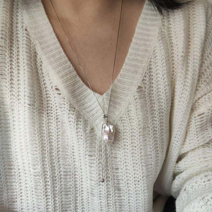 Natural Large Freshwater Baroque Pearl Pendant Sterling Silver Lariat Sweater Necklace
