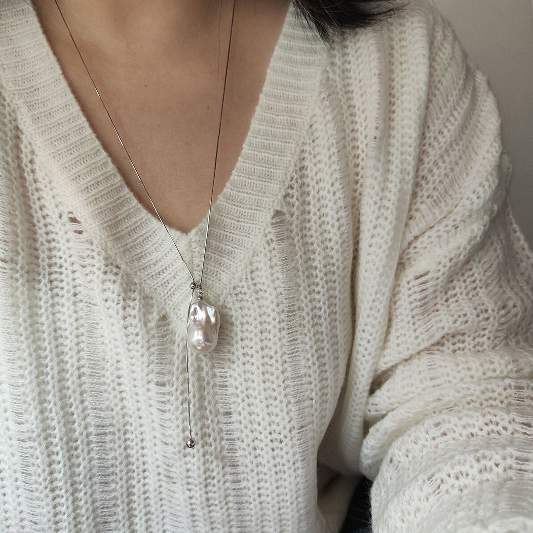 Natural Large Freshwater Baroque Pearl Pendant Sterling Silver Lariat Sweater Necklace