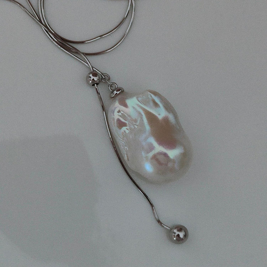 Natural Large Freshwater Baroque Pearl Pendant Sterling Silver Lariat Sweater Necklace