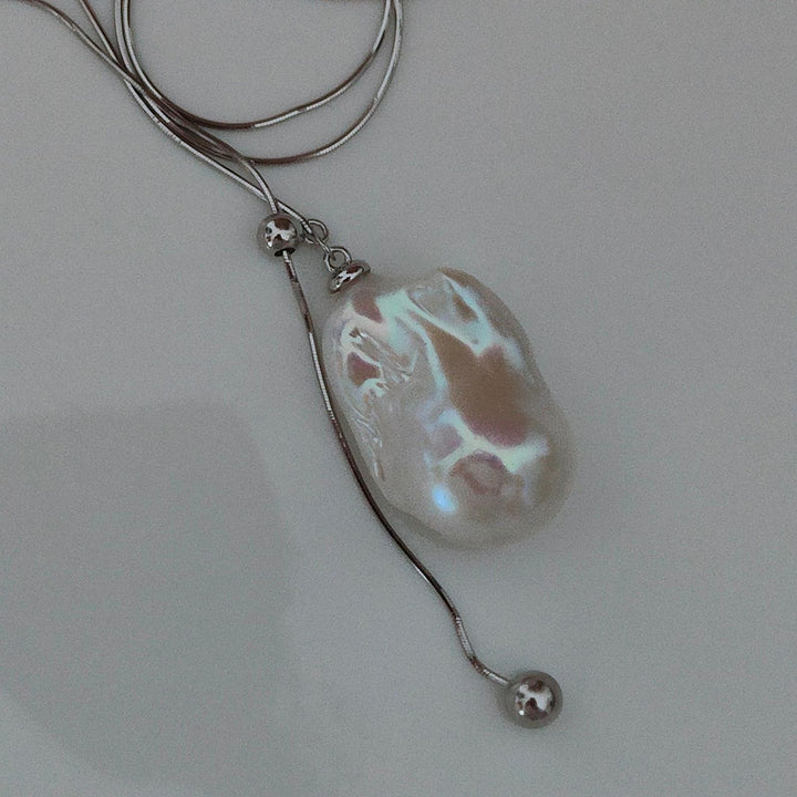 Natural Large Freshwater Baroque Pearl Pendant Sterling Silver Lariat Sweater Necklace