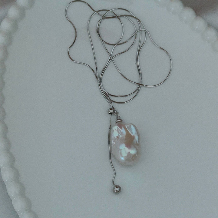 Natural Large Freshwater Baroque Pearl Pendant Sterling Silver Lariat Sweater Necklace