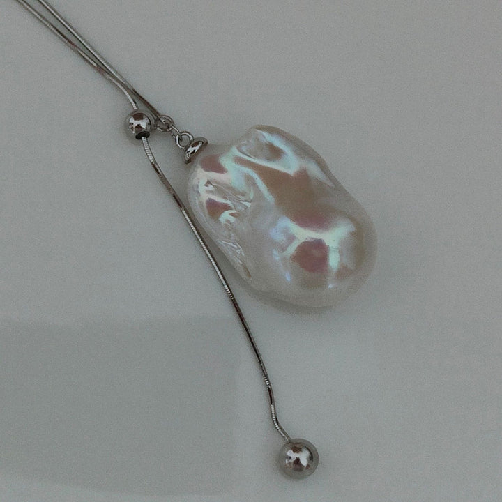 Natural Large Freshwater Baroque Pearl Pendant Sterling Silver Lariat Sweater Necklace