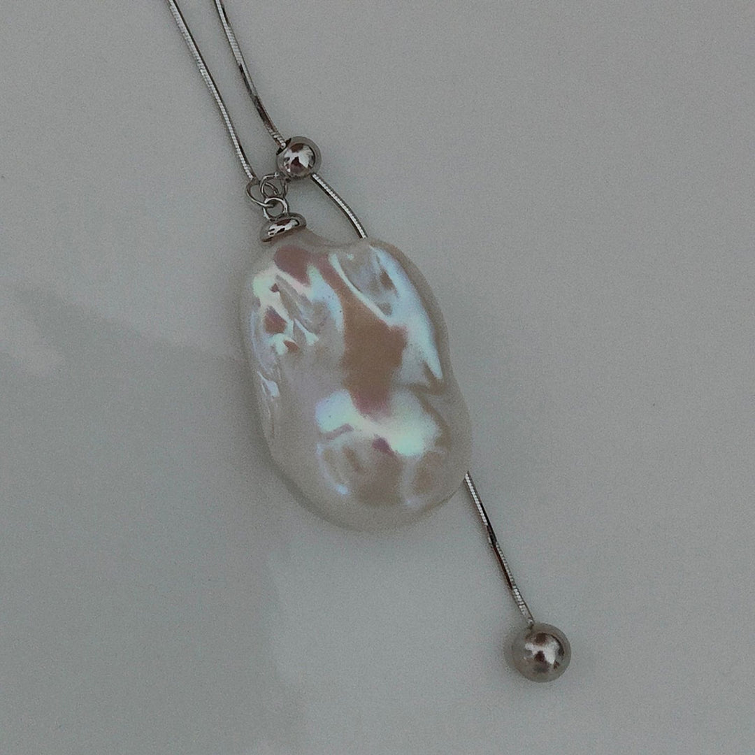 Natural Large Freshwater Baroque Pearl Pendant Sterling Silver Lariat Sweater Necklace