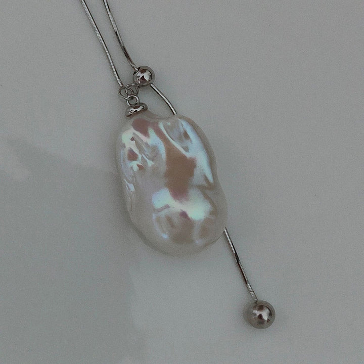 Natural Large Freshwater Baroque Pearl Pendant Sterling Silver Lariat Sweater Necklace