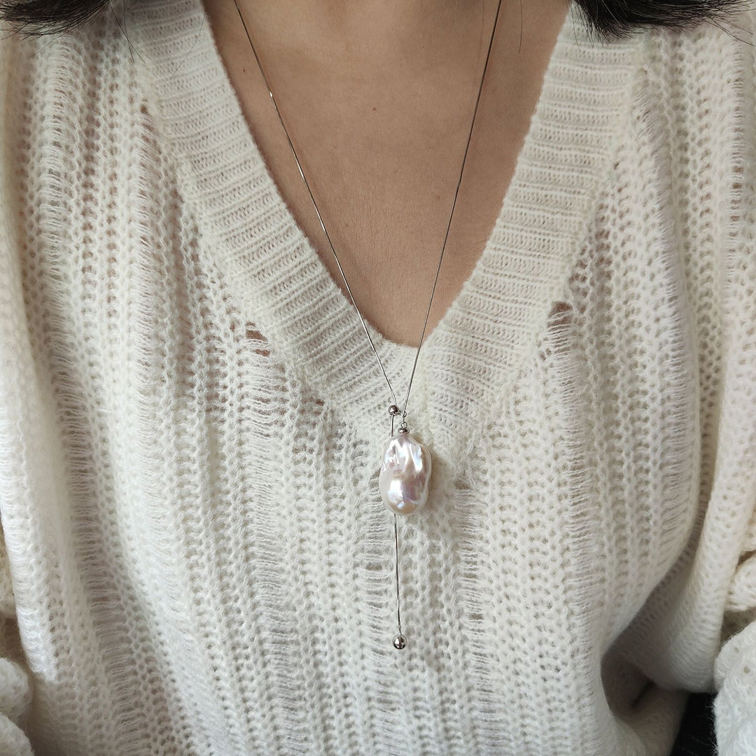 Natural Large Freshwater Baroque Pearl Pendant Sterling Silver Lariat Sweater Necklace