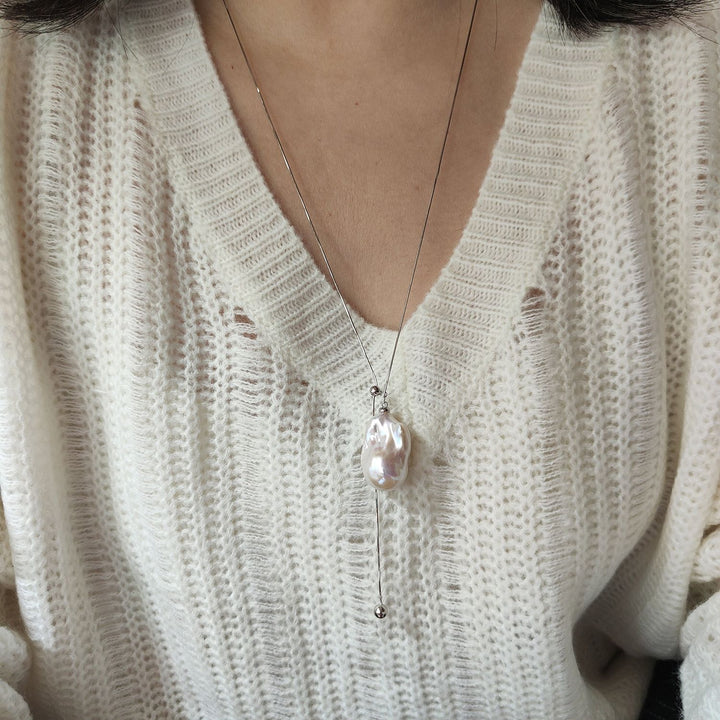 Natural Large Freshwater Baroque Pearl Pendant Sterling Silver Lariat Sweater Necklace