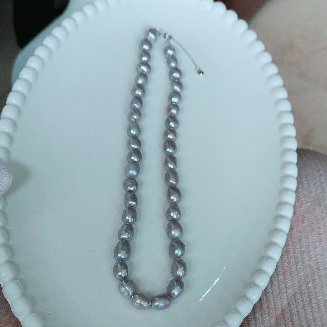 8–9mm Freshwater Baroque Pearl Necklace Silver Gray Oval Pearl Strand with Adjustable Silver Clasp