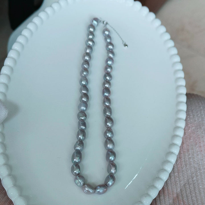 8–9mm Freshwater Baroque Pearl Necklace Silver Gray Oval Pearl Strand with Adjustable Silver Clasp