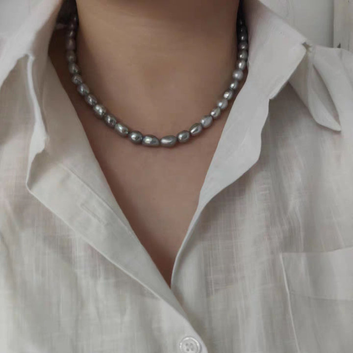 8–9mm Freshwater Baroque Pearl Necklace Silver Gray Oval Pearl Strand with Adjustable Silver Clasp