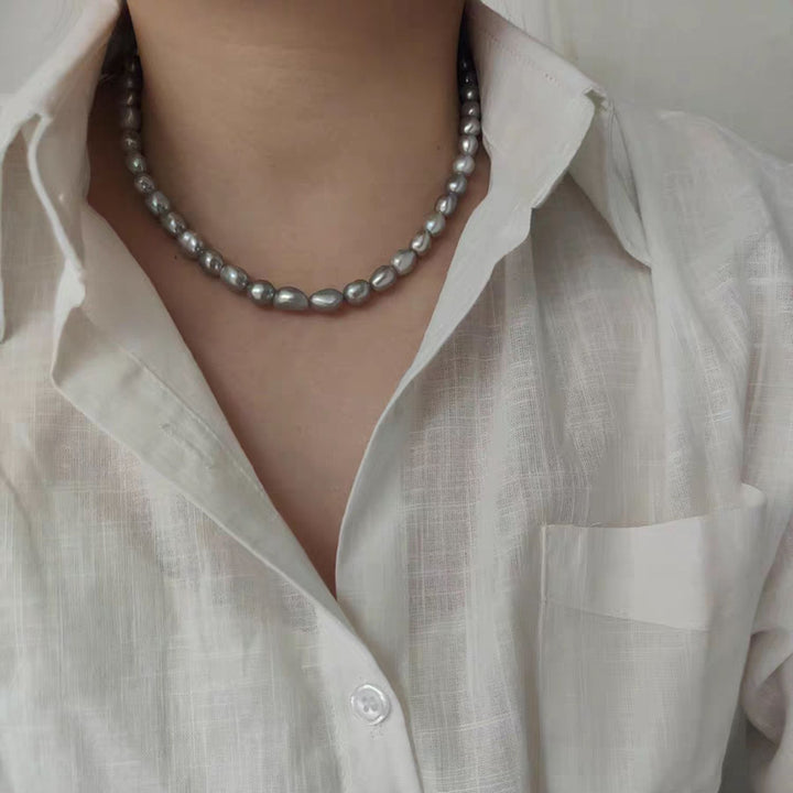 8–9mm Freshwater Baroque Pearl Necklace Silver Gray Oval Pearl Strand with Adjustable Silver Clasp