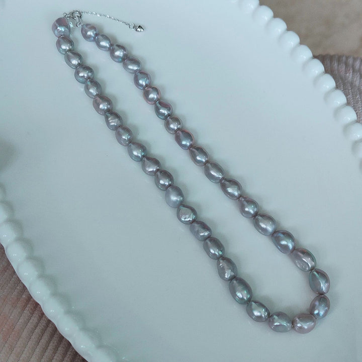 8–9mm Freshwater Baroque Pearl Necklace Silver Gray Oval Pearl Strand with Adjustable Silver Clasp