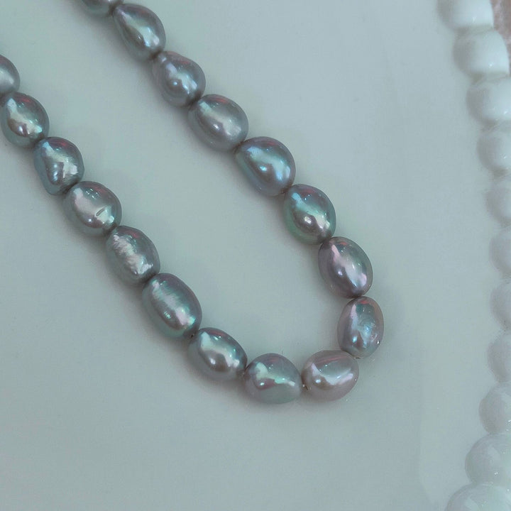 8–9mm Freshwater Baroque Pearl Necklace Silver Gray Oval Pearl Strand with Adjustable Silver Clasp