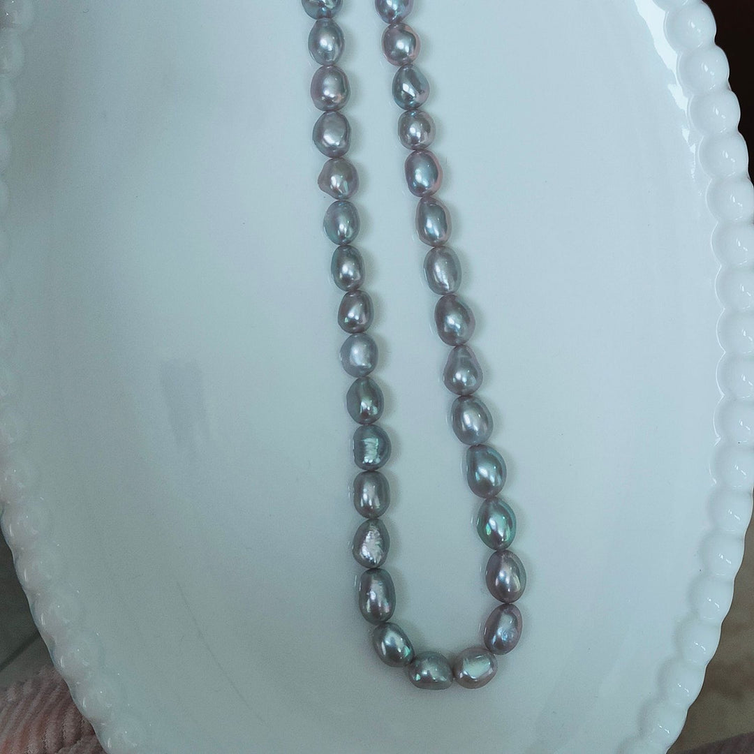 8–9mm Freshwater Baroque Pearl Necklace Silver Gray Oval Pearl Strand with Adjustable Silver Clasp