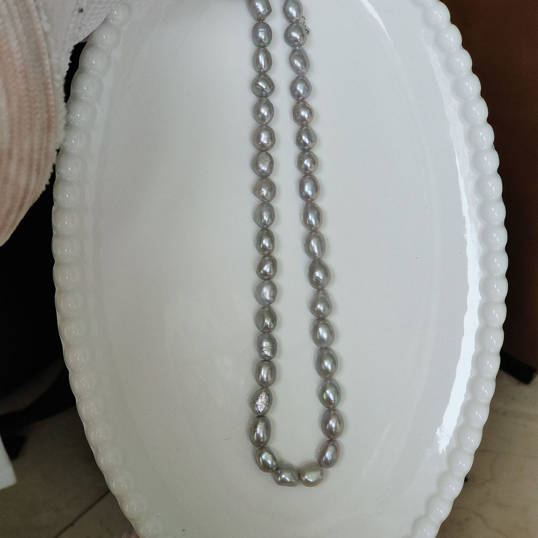 8–9mm Freshwater Baroque Pearl Necklace Silver Gray Oval Pearl Strand with Adjustable Silver Clasp