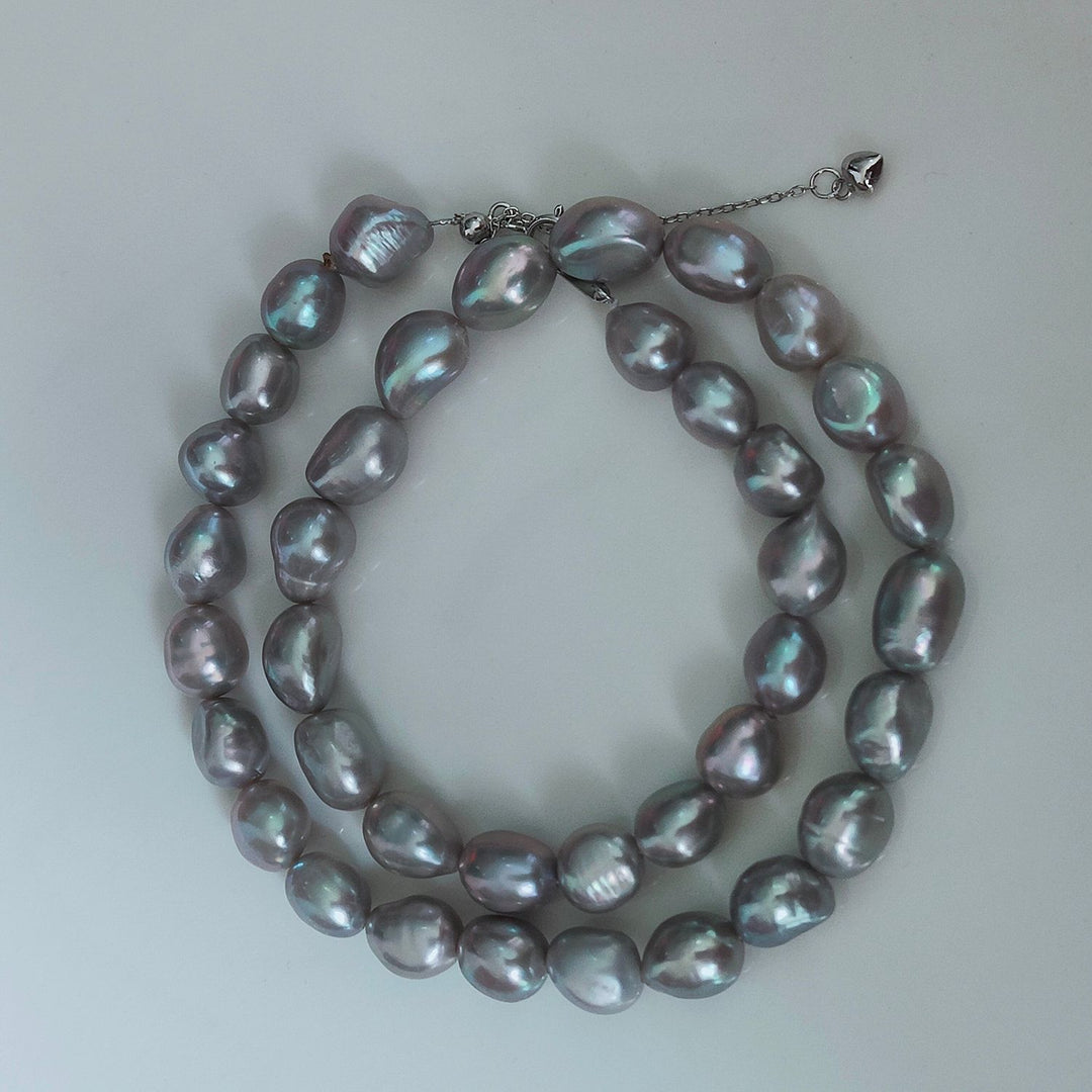 8–9mm Freshwater Baroque Pearl Necklace Silver Gray Oval Pearl Strand with Adjustable Silver Clasp
