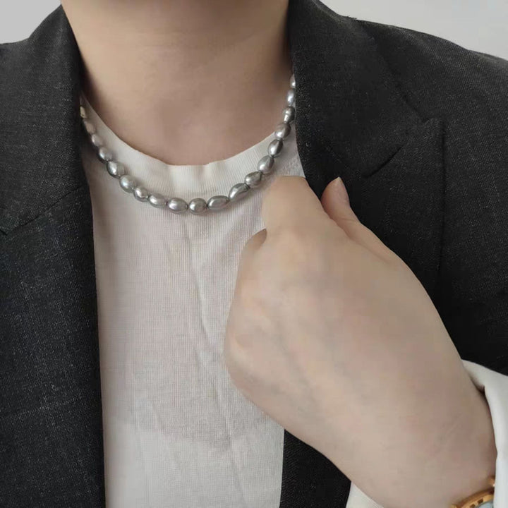 8–9mm Freshwater Baroque Pearl Necklace Silver Gray Oval Pearl Strand with Adjustable Silver Clasp
