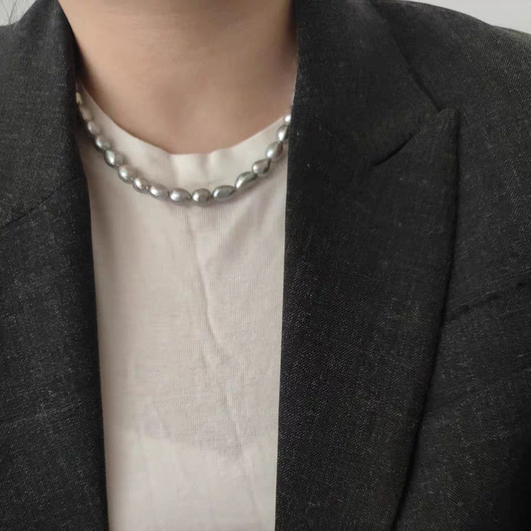8–9mm Freshwater Baroque Pearl Necklace Silver Gray Oval Pearl Strand with Adjustable Silver Clasp