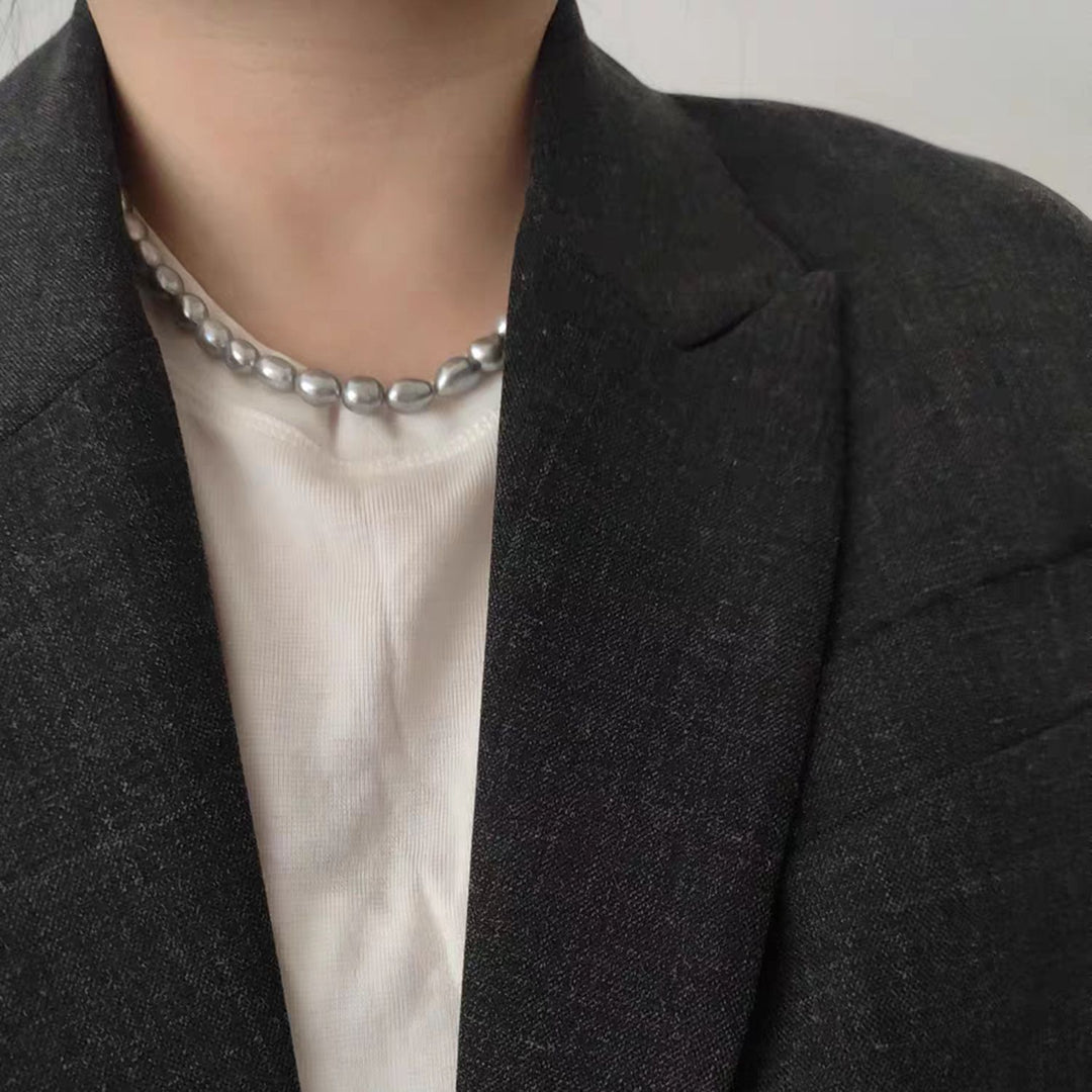 8–9mm Freshwater Baroque Pearl Necklace Silver Gray Oval Pearl Strand with Adjustable Silver Clasp