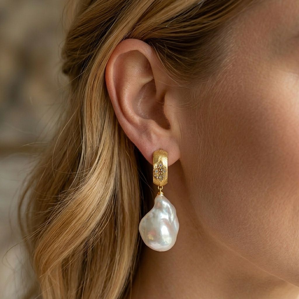 20mm Real Baroque Freshwater Pearl Drop Earrings with Textured Gold Studs